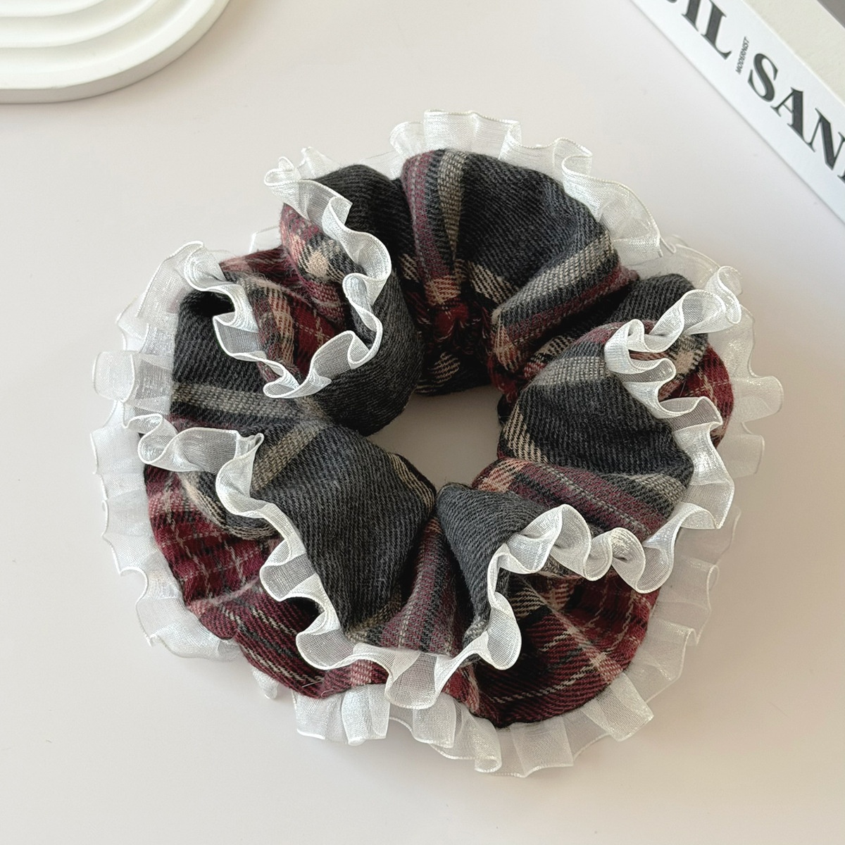 Women's French Style Cloth Headband Large Plaid Lace Edge