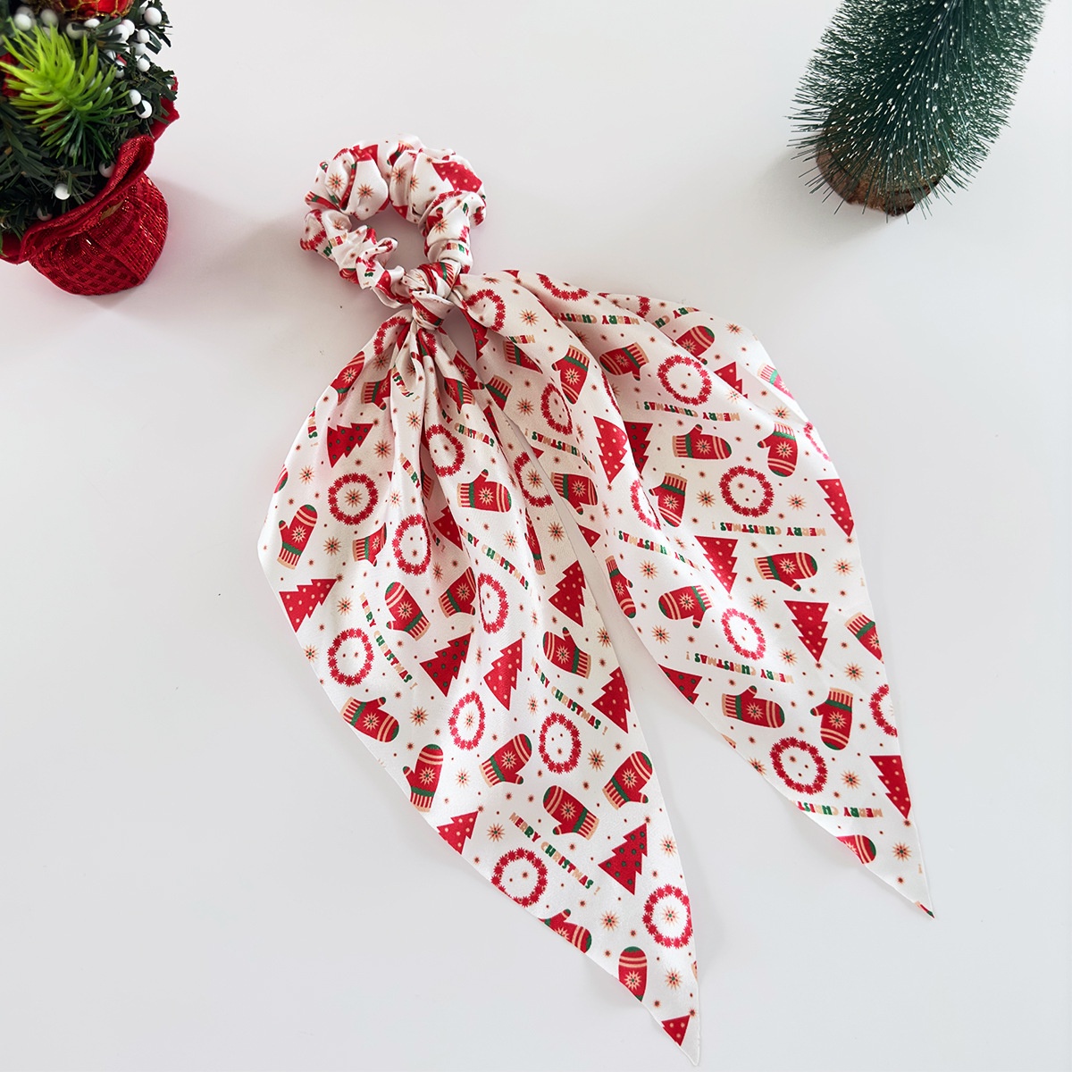 Women's Silk Scarf Bowknot Elastic Hair Tie Festive Christmas Style