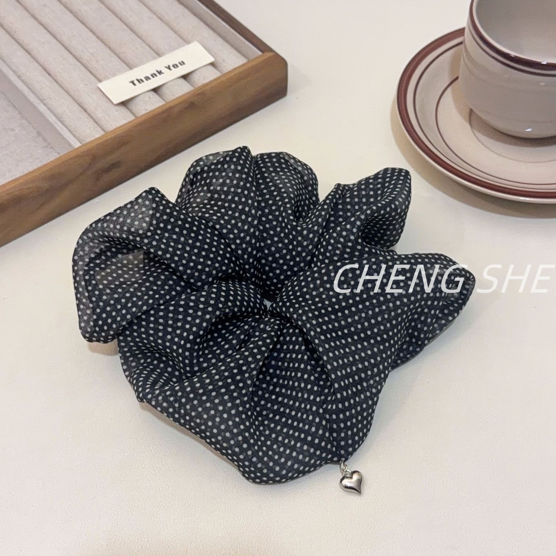 Women's All-Season Gauze Hair Scrunchie Beige Polka Dots Bow Knot