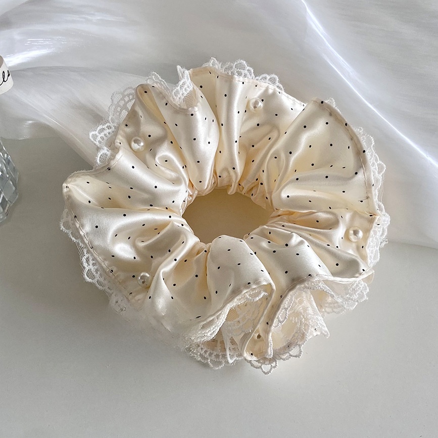 Women's Fairy Style Lace Hair Tie with Pearl Inlay Beige Polka Dots