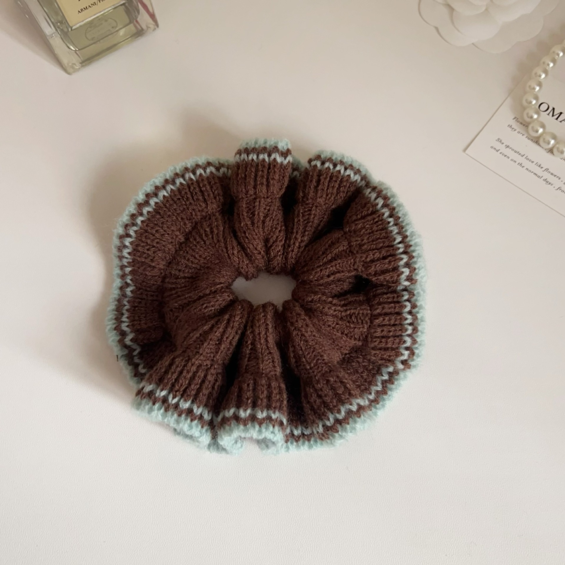 Women's Autumn Winter Warm Yarn Hair Tie Pink Plaid Color Block