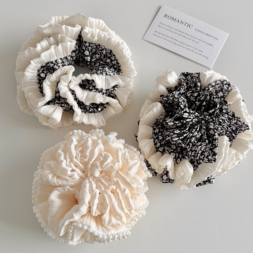 Women's Spring Pearl Trim Cloth Hair Scrunchie Beige Black Ditsy Floral