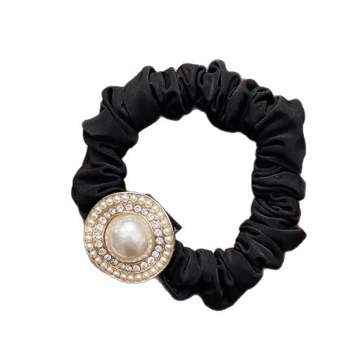 Women's Pearl Bowknot Diamond Alloy Elastic Hair Tie Black Solid Color