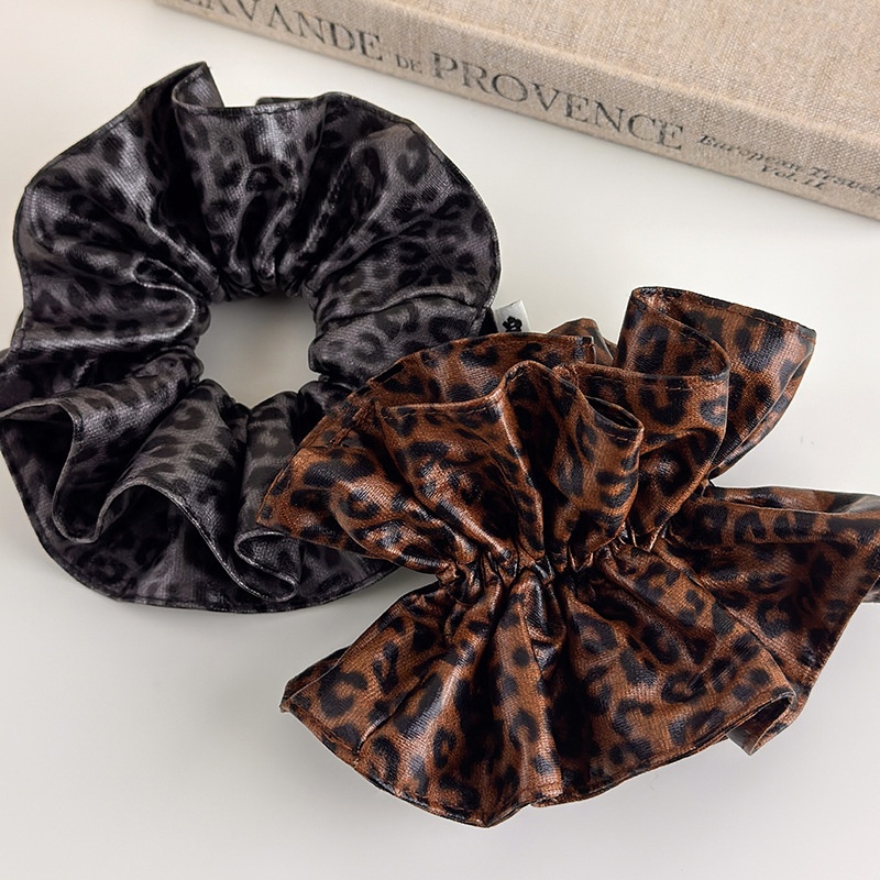 Women's Oversized Leather Bun Hair Scrunchie Coffee Leopard Print