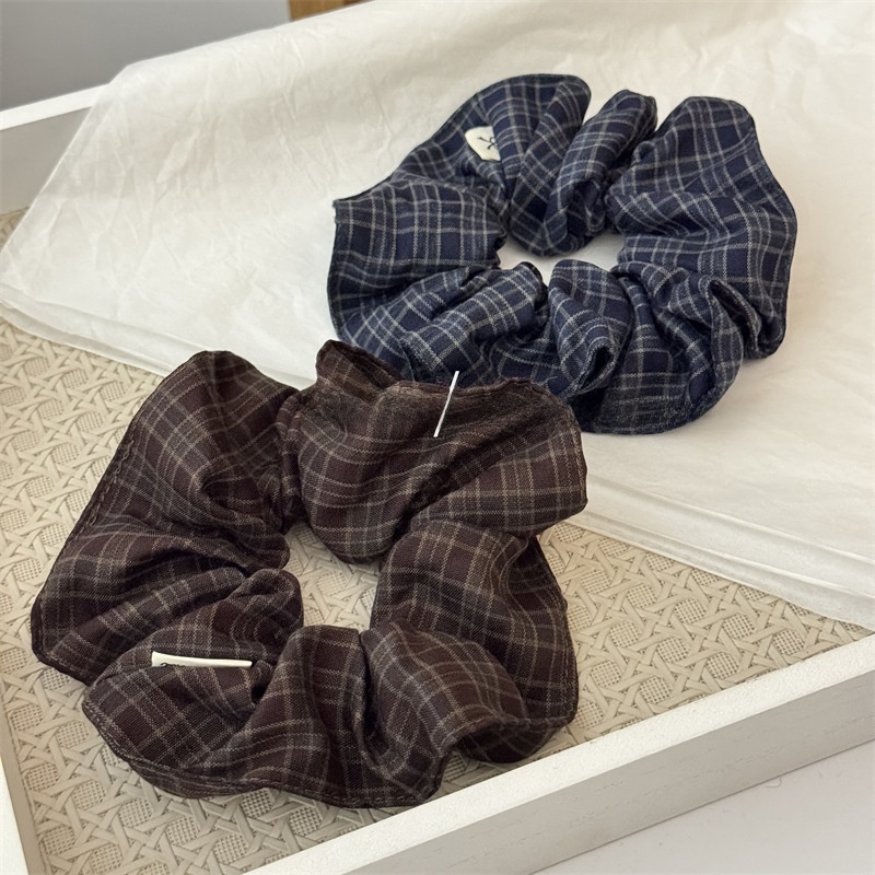 Women's Stylish Soft Cloth Scrunchie Hair Tie Navy Blue Fuchsia Plaid