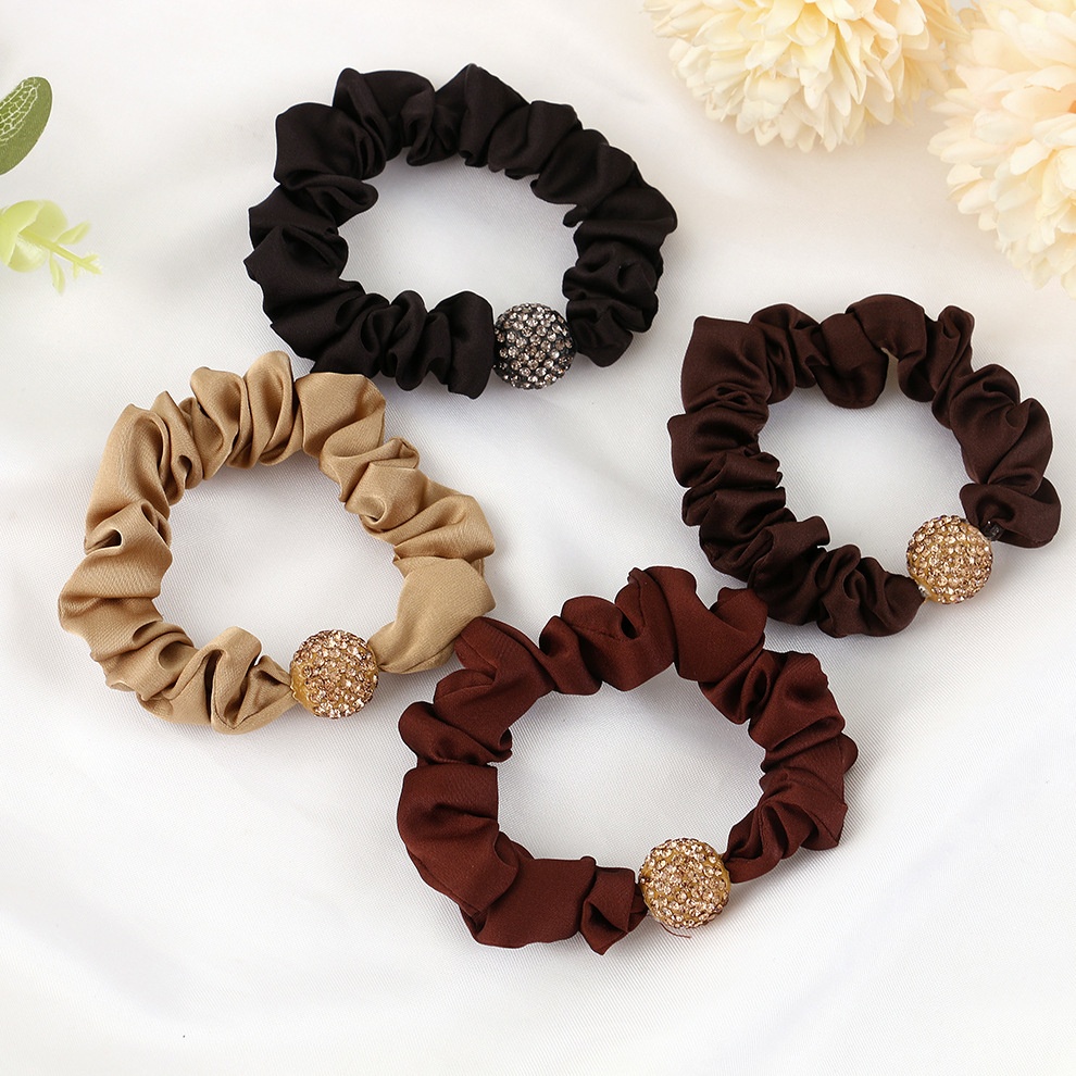Women's High Elasticity Pleated Rhinestone Hairband Khaki Brown Black Hair Tie