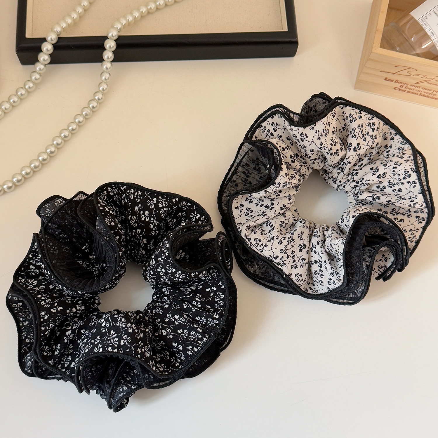 Women's Spring Korean Soft Gauze Hair Tie Black Ditsy Floral