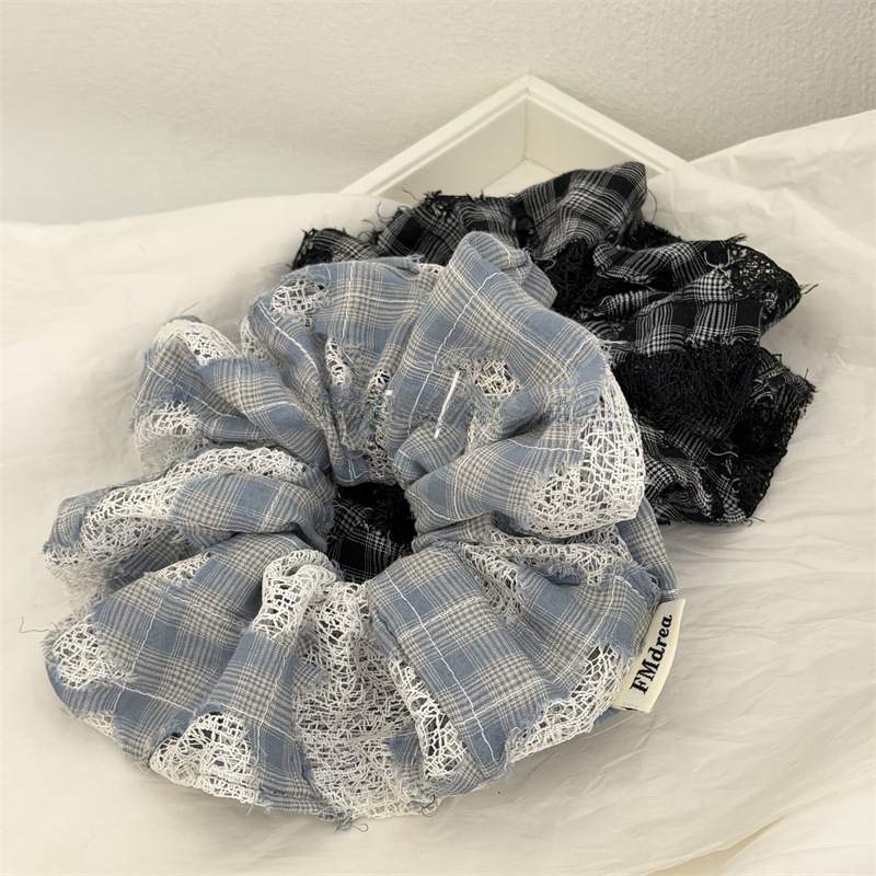 Women's Soft Cloth Spring Telephone Cord Hair Scrunchie Blue Plaid