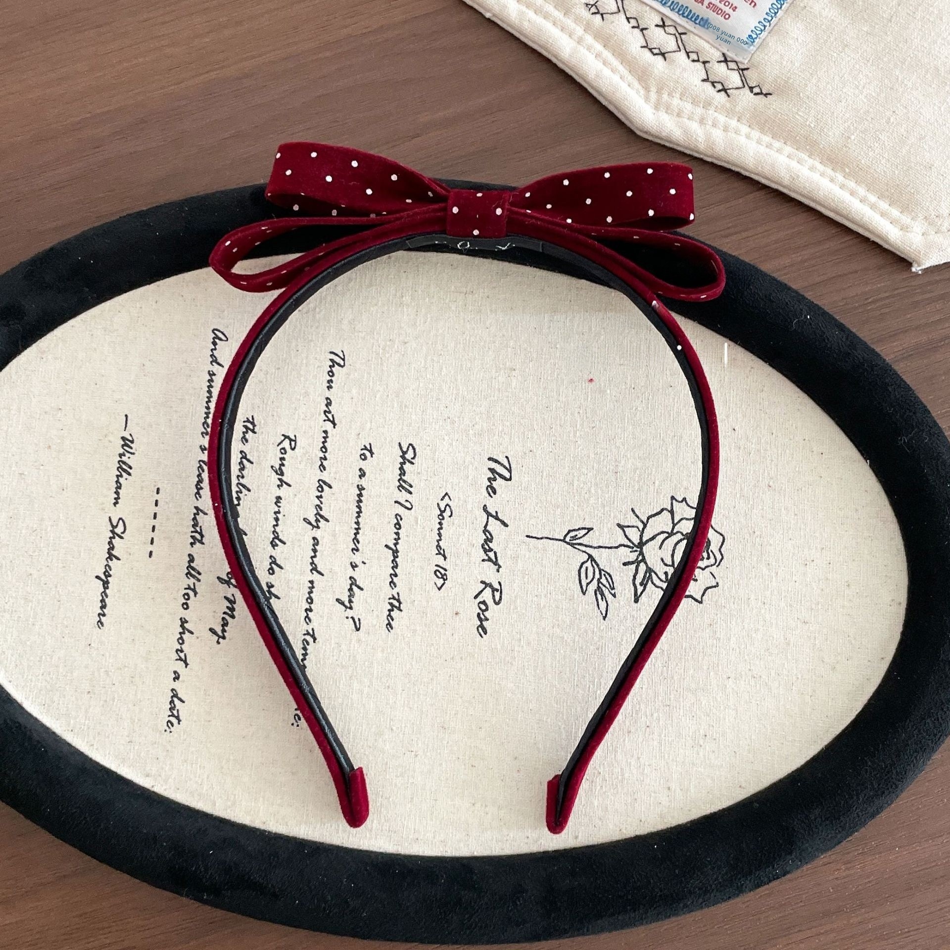 Girls New Year French Flocking Bow Hair Tie Wine Red Polka Dots