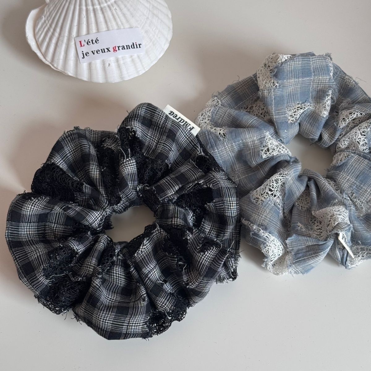 Women's Elegant Cloth Hair Styling Scrunchie Blue Checkered Lace