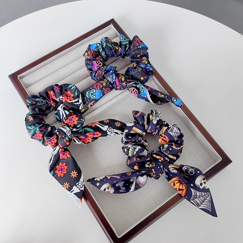Women's Retro Large Bow Hair Tie Halloween Pumpkin Ghost Bat Print Fabric Art