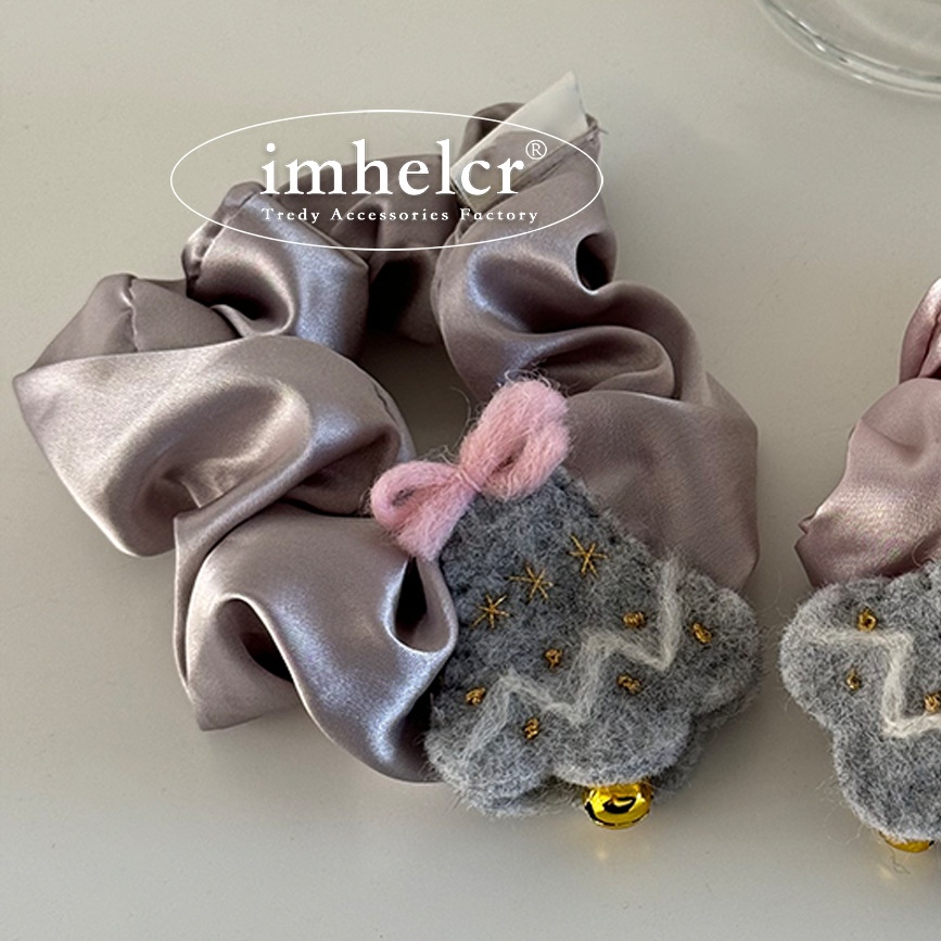 Women Christmas Satin Bow Headband Tree Bell Ponytail Pink Lavender