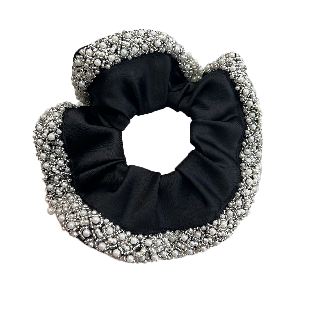 Women's Elegant Pearl Crystal Satin Hair Ties French Vintage Black Brown Scrunchie