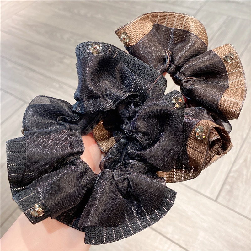 Women's Luxury Black Multi-Layer Tulle Rhinestone Large Hair Scrunchie
