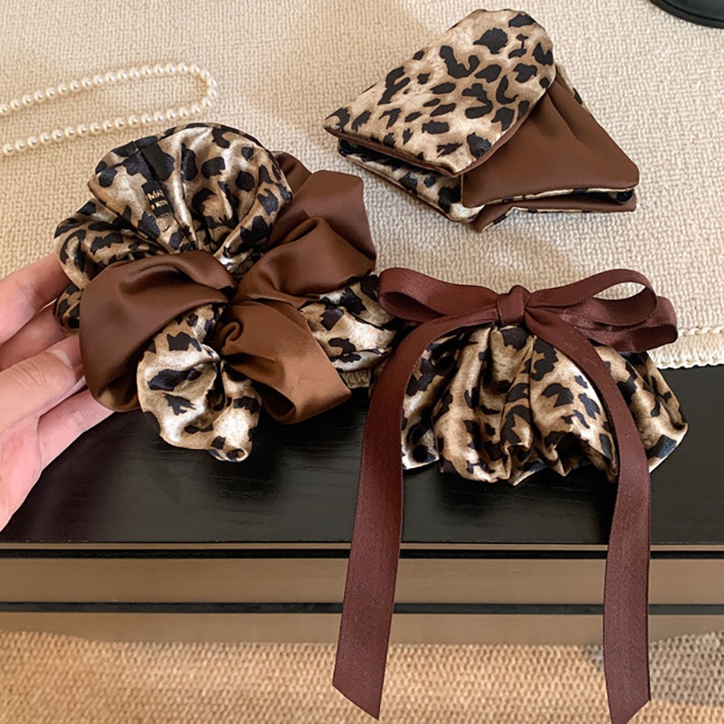 Women Autumn Winter Satin High Bun Hair Tie Yellow Brown Leopard Print
