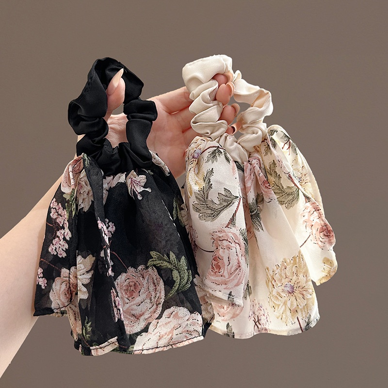 Women Hair Tie Stylish Gauze Floral Print Elastic Scrunchie Black