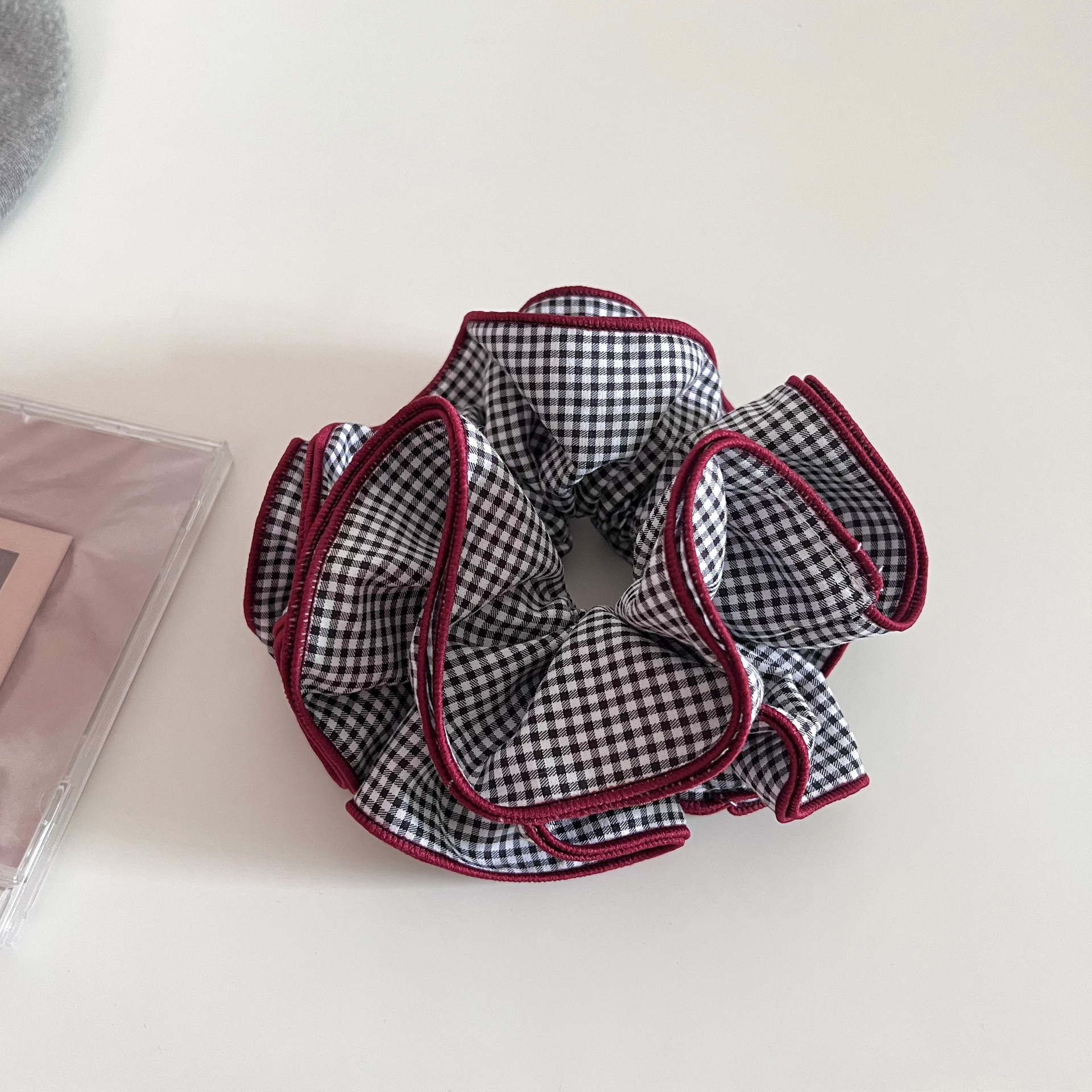 Women's Four-Layer Cloth Ball Hair Tie Hairband Color-Block Plaid