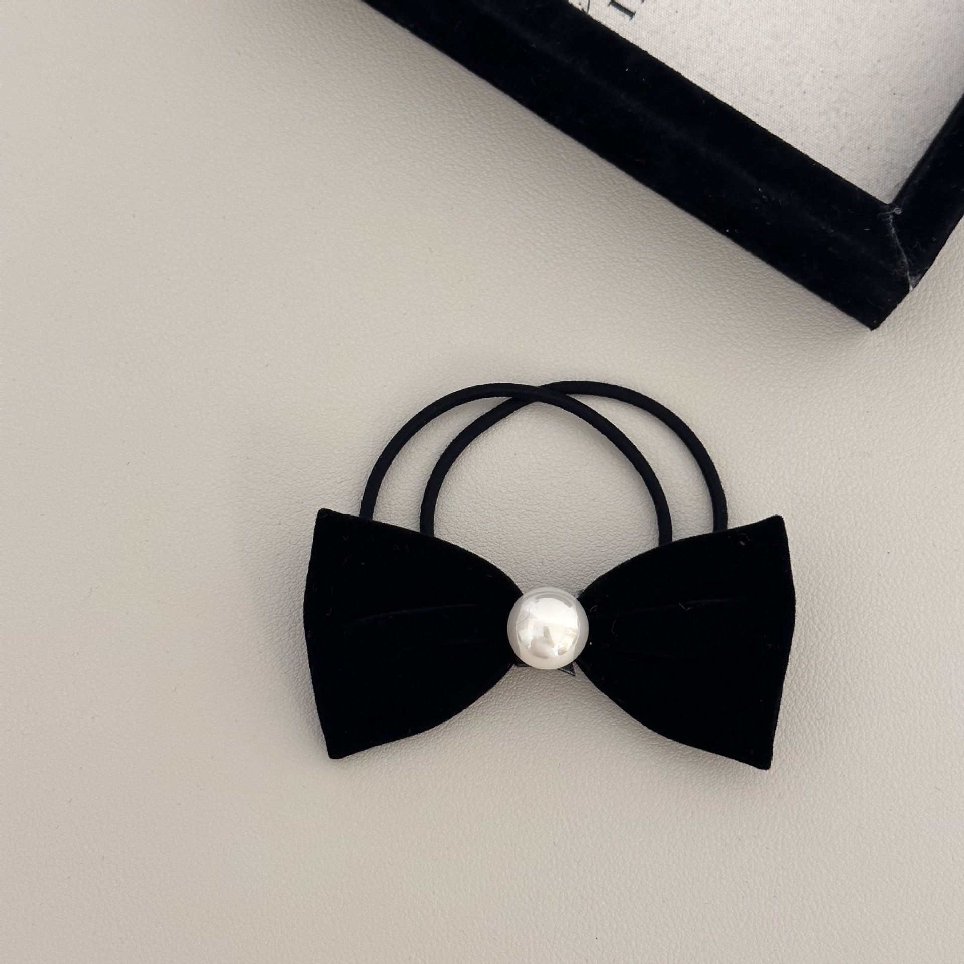 Women's Elegant Velvet Bowknot Hair Tie Pearl Ponytail Holder Black
