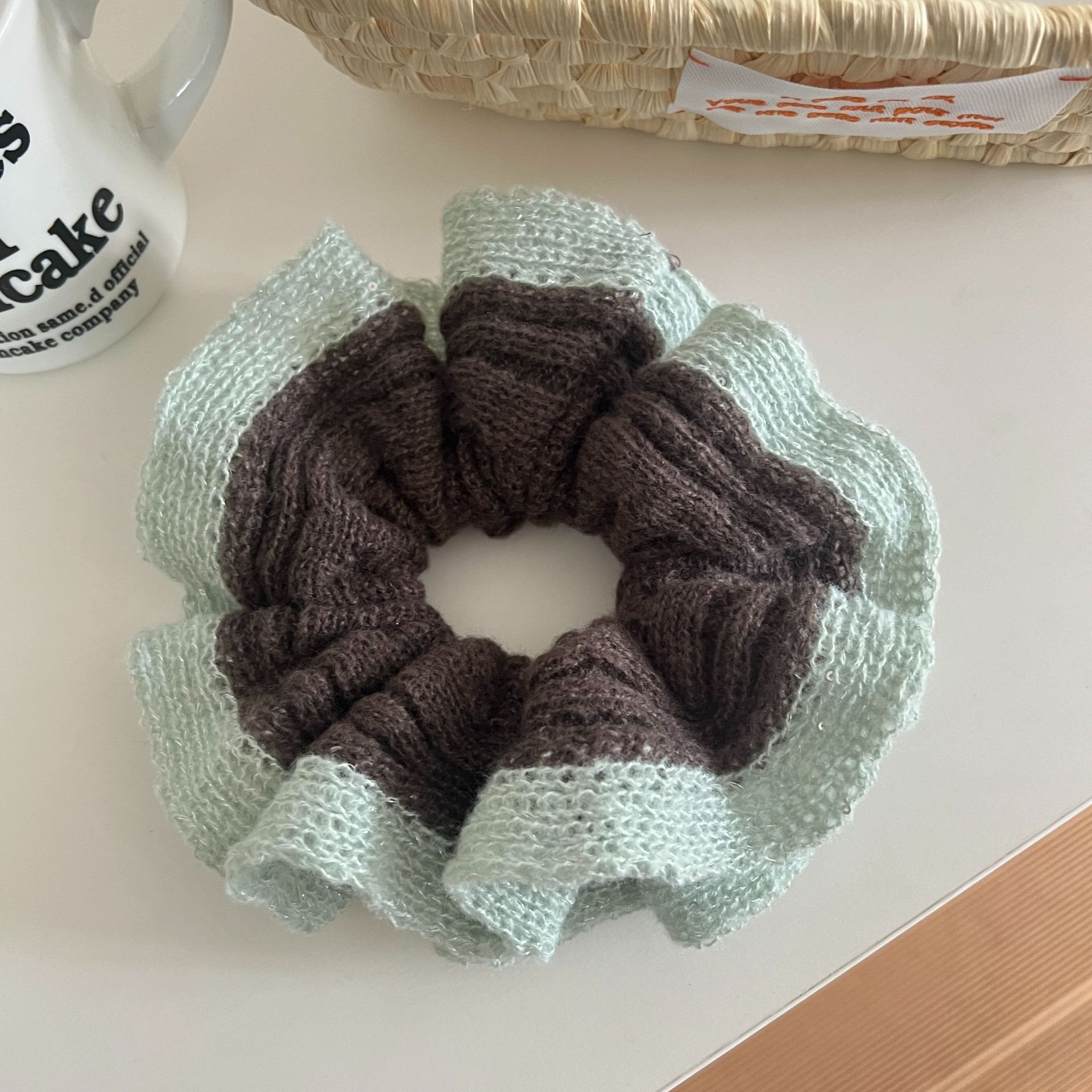 Women's Autumn Winter Knit Wool Yarn Hair Tie Round Scrunchie Blue