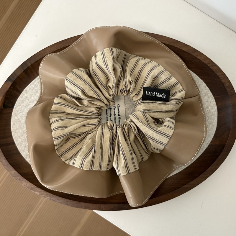 Women's Autumn Vintage Leather Ruffle Ponytail Hair Ties Striped Patchwork