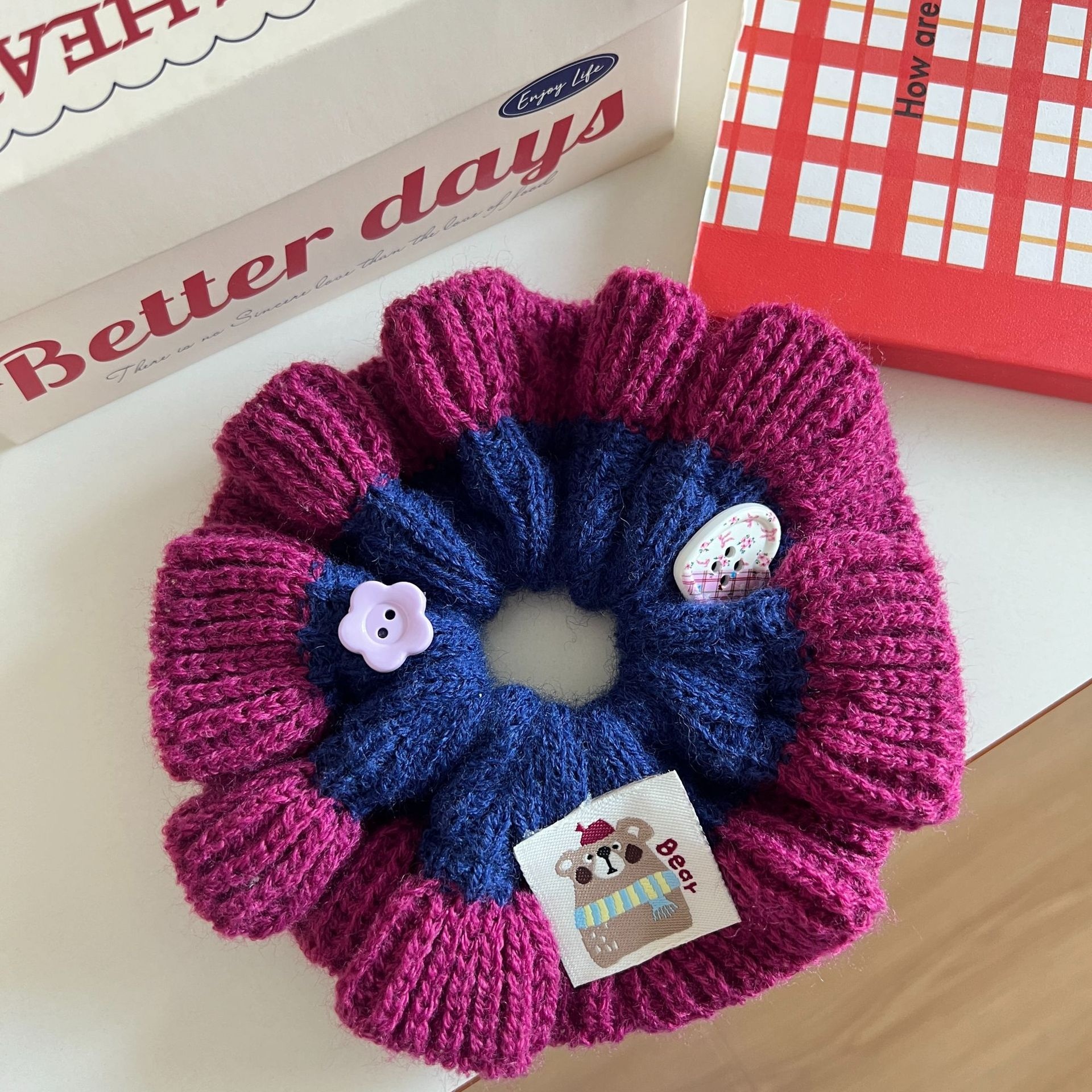 Women's Sweet Knitted Elastic Bun Hair Tie For Autumn Winter Color Block