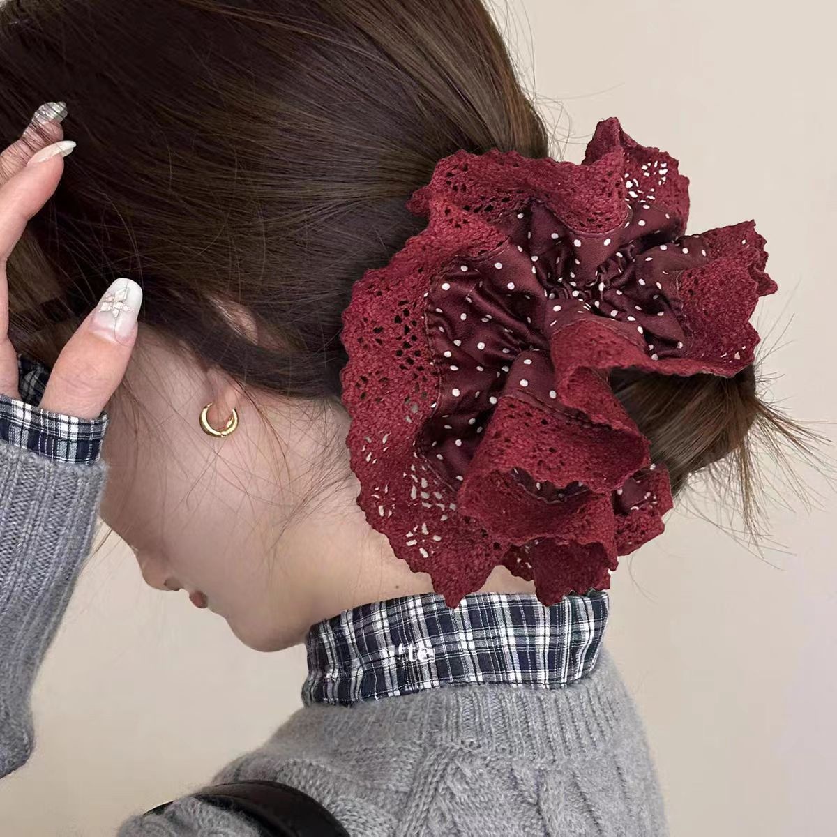Women's Sweet New Year Cloth Hair Tie Red Polka Dots Lace