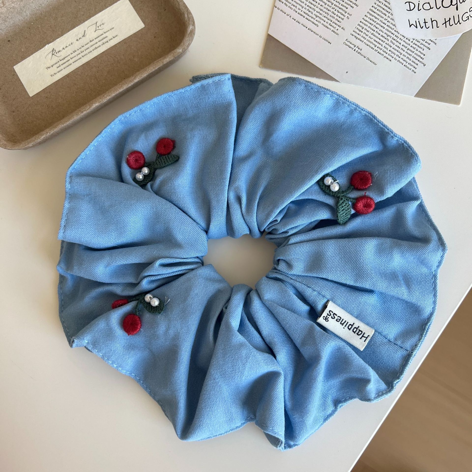 Women's Casual Denim Scrunchie Hair Accessory Cherry Embroidery