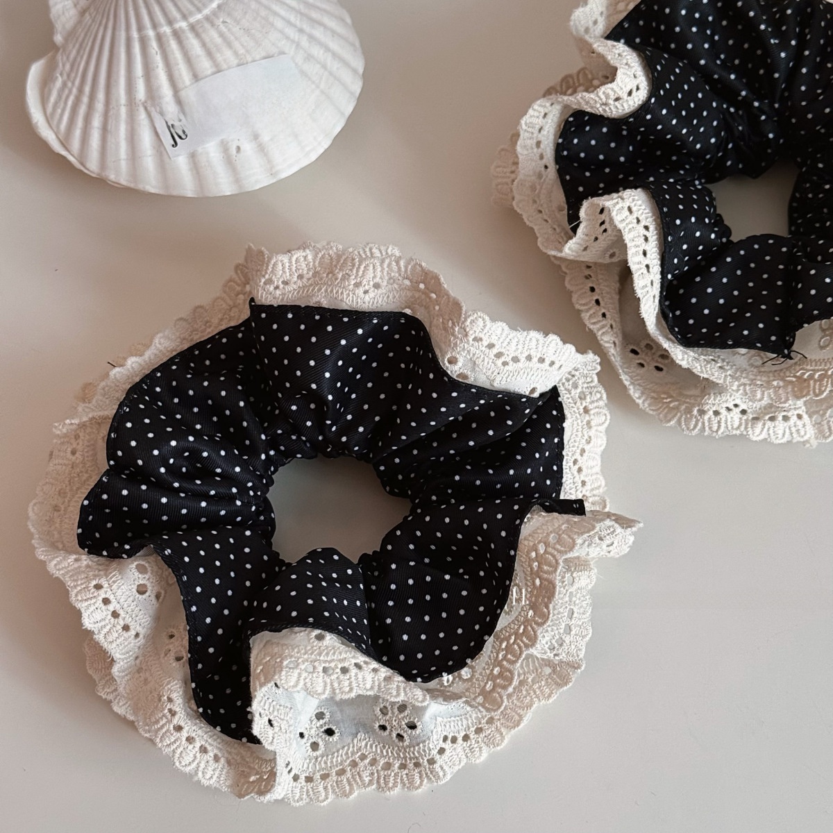 Women's Winter Cloth Hair Tie Accessory Black And White Polka Dot Lace