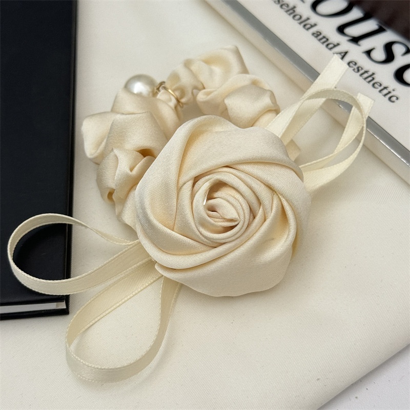 Women's Stylish Cloth Hair Tie For Daily Wear Beige Rose Bow Knot