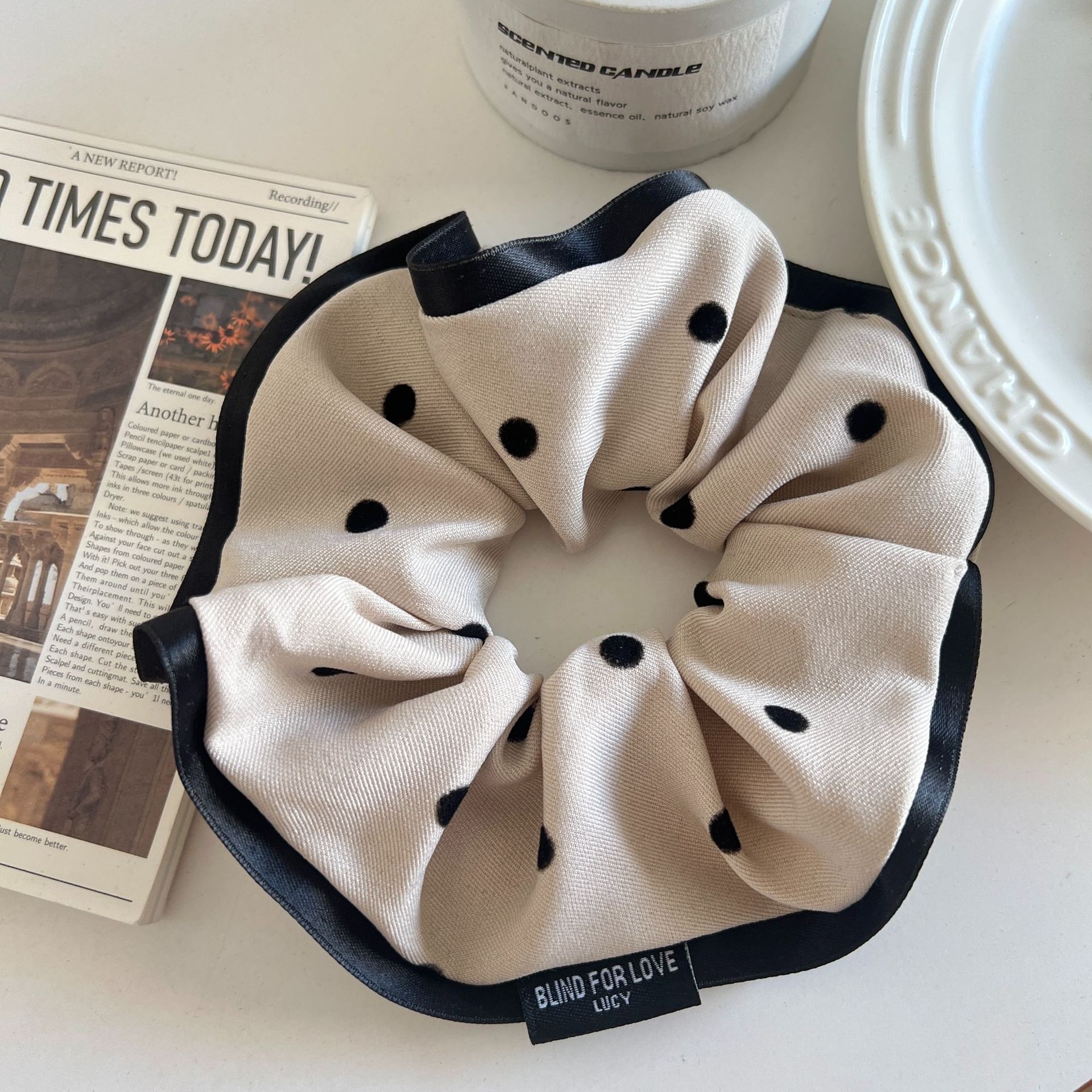 Women's Elegant Cloth Large Bow Hair Tie for Daily Wear Black Polka Dots