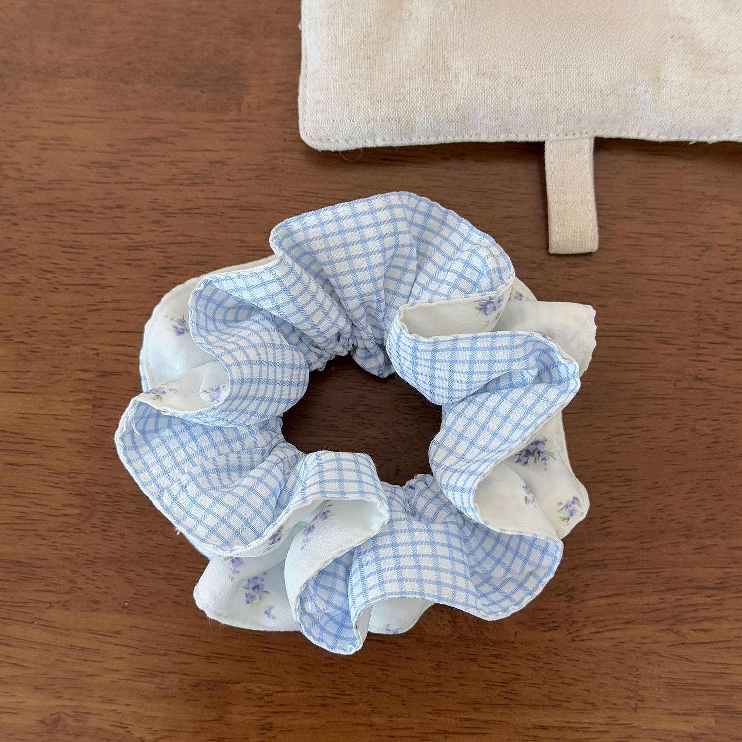 Women Spring Preppy Lace Fabric Hair Tie Scrunchie Blue Yellow Plaid