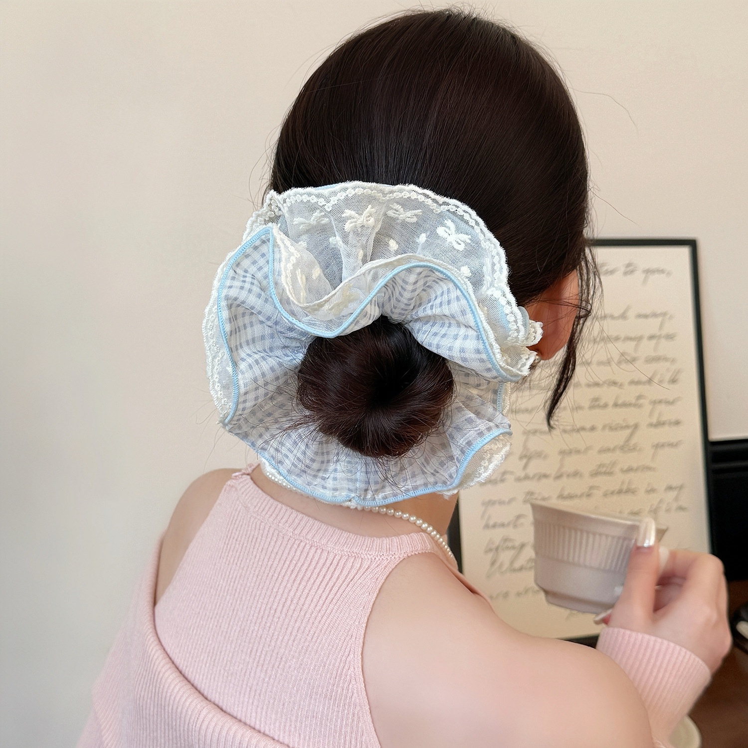 Women's Daily Preppy Style Gauze Hair Tie Classic Black Plaid