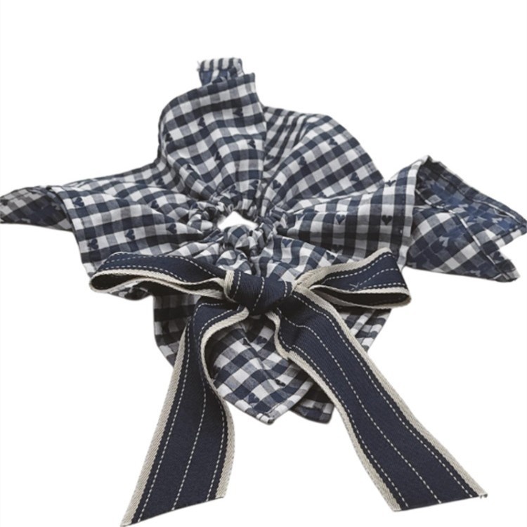 Women's Casual Cloth Bow Hair Scrunchie Dark Blue Checkered Plaid