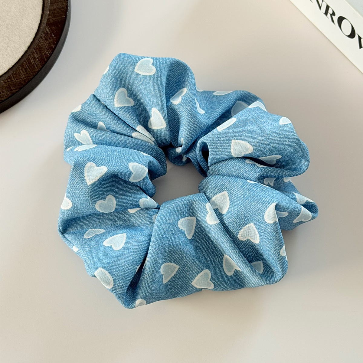 Women's Vintage Denim Hair Tie Band Accessory Blue Heart Shaped Print