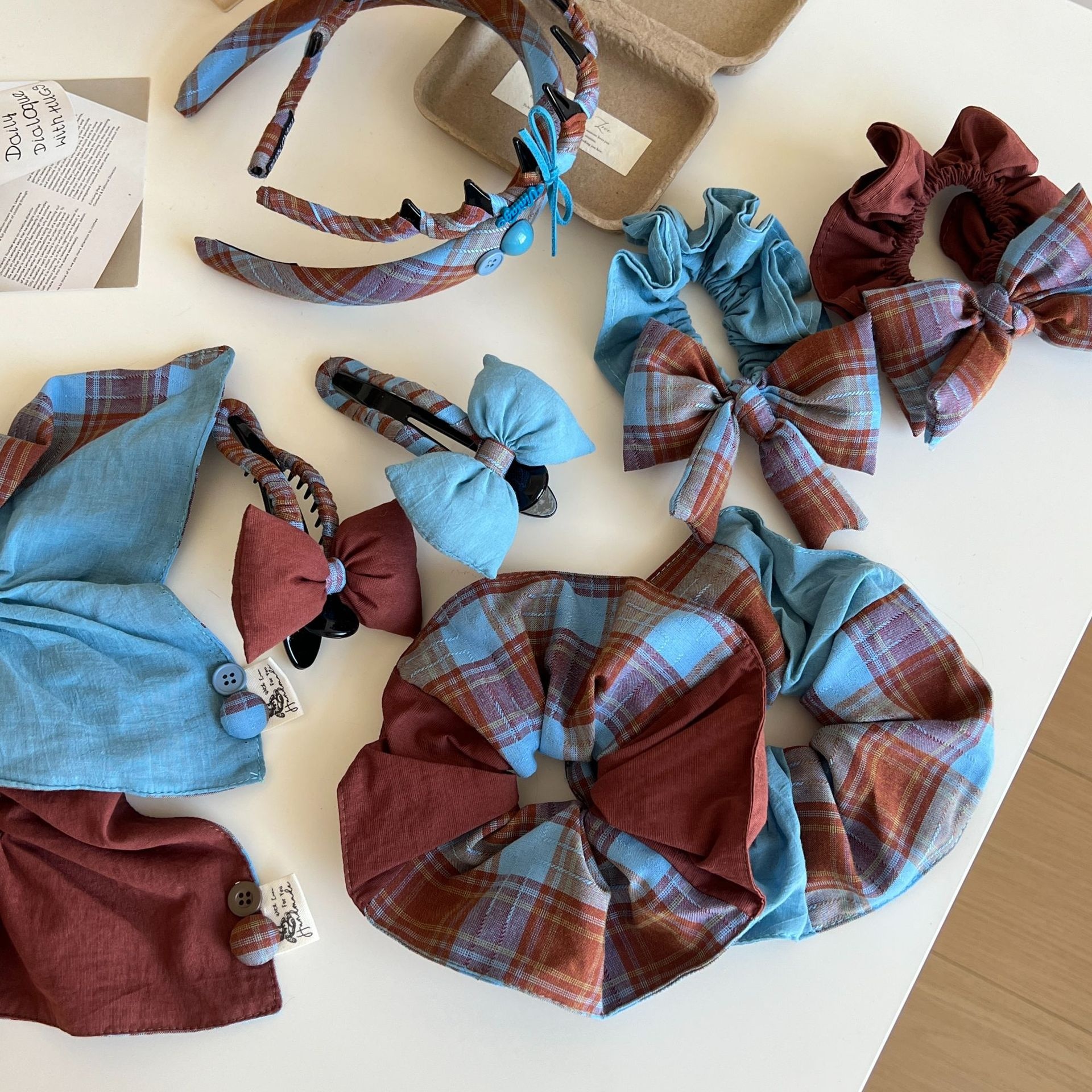 Women Girls Cloth Scarf Ponytail Hair Tie Blue Red Plaid Lattice