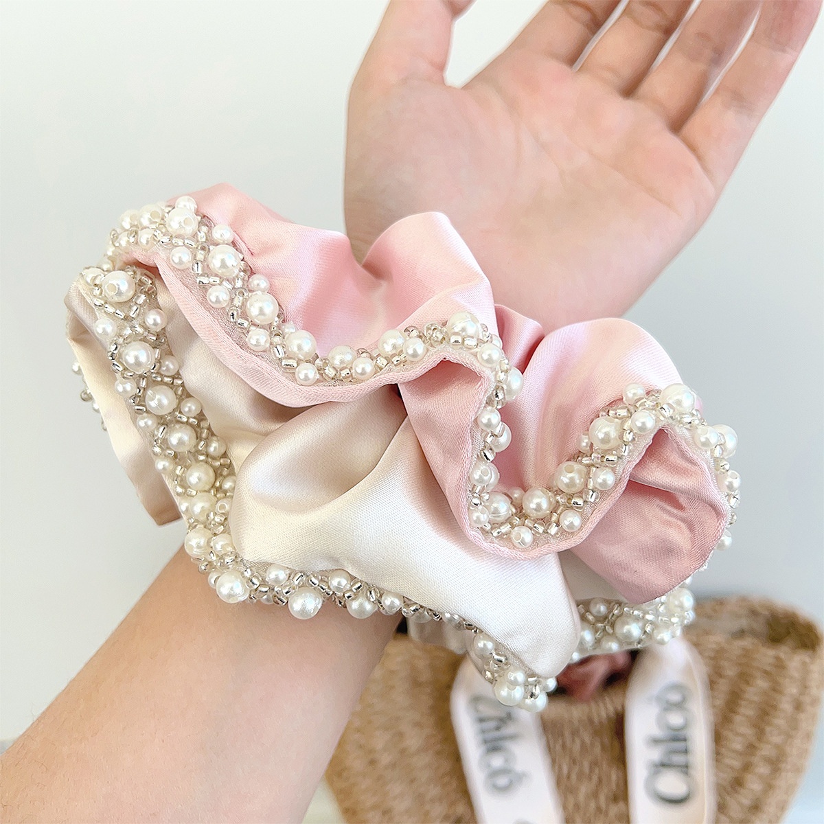 Women Elegant Satin Hair Tie Vintage Pearl Crystal Edge Pleated Scrunchie