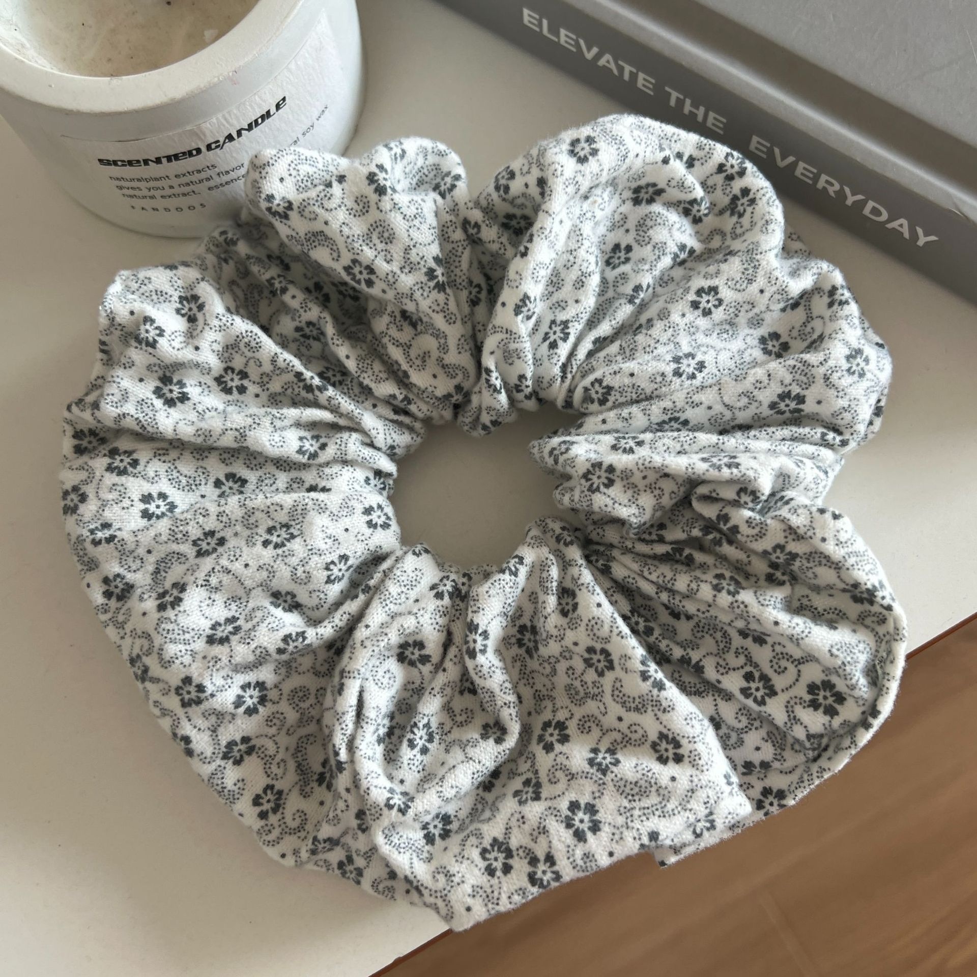 Women's Elegant Large Bun Bowknot Hair Tie in Simple Blue Small Floral Cloth