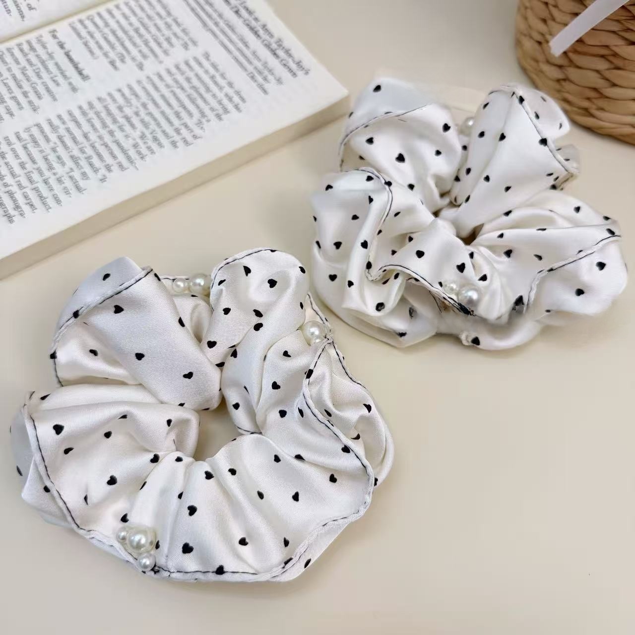 Women's Spring Satin Heart Shape Hair Tie Scrunchie Beige Polka Dots