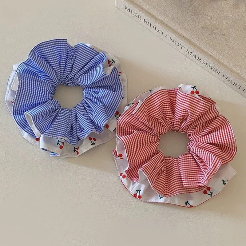 Women's Elegant Double Layer Cloth Hair Bands For Weekend Cherry Plaid