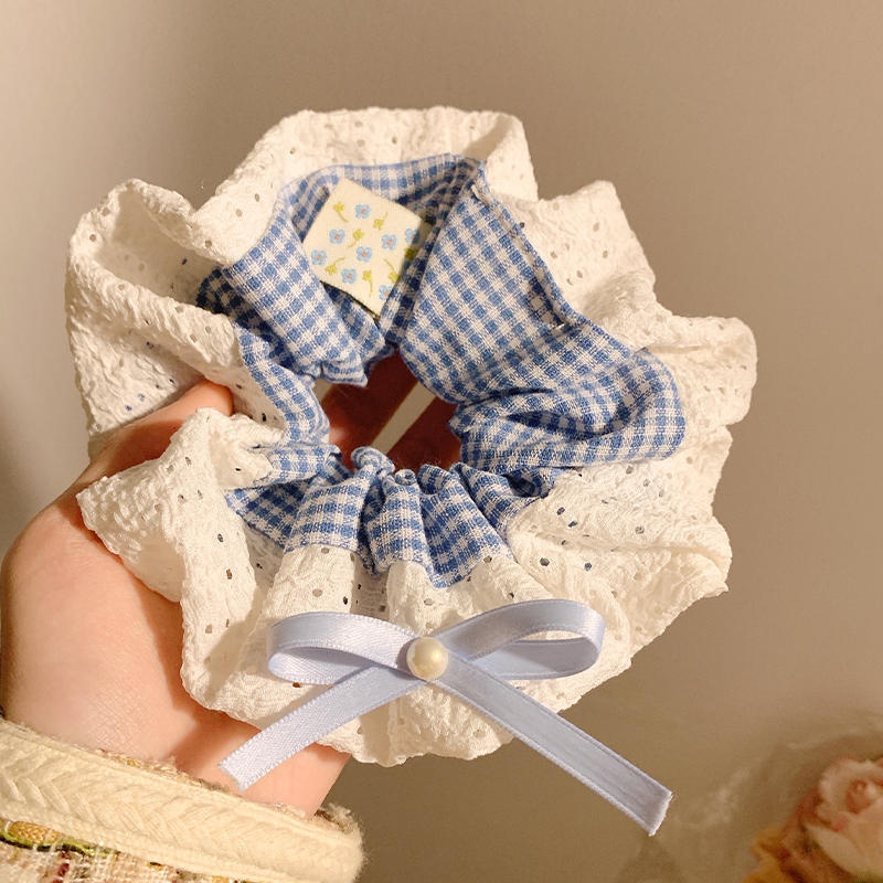 Women's Large Mori Style Scrunchie Beige Polka Dot Cloth Hair Tie