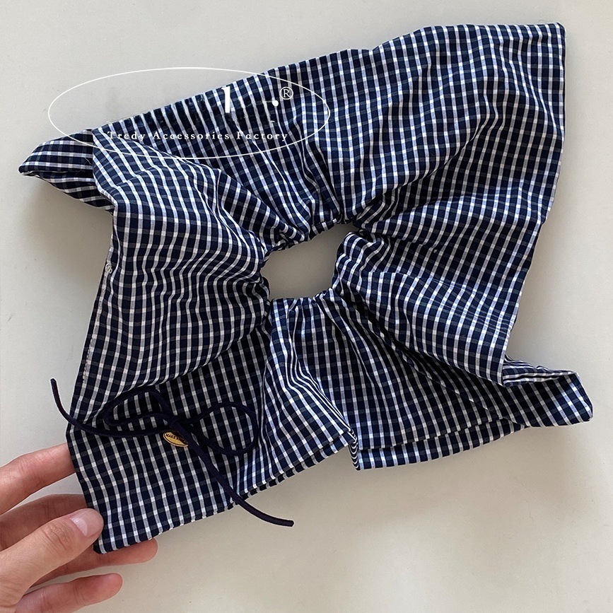Women Cloth Hair Tie Preppy Style Autumn Accessory Navy Blue Plaid