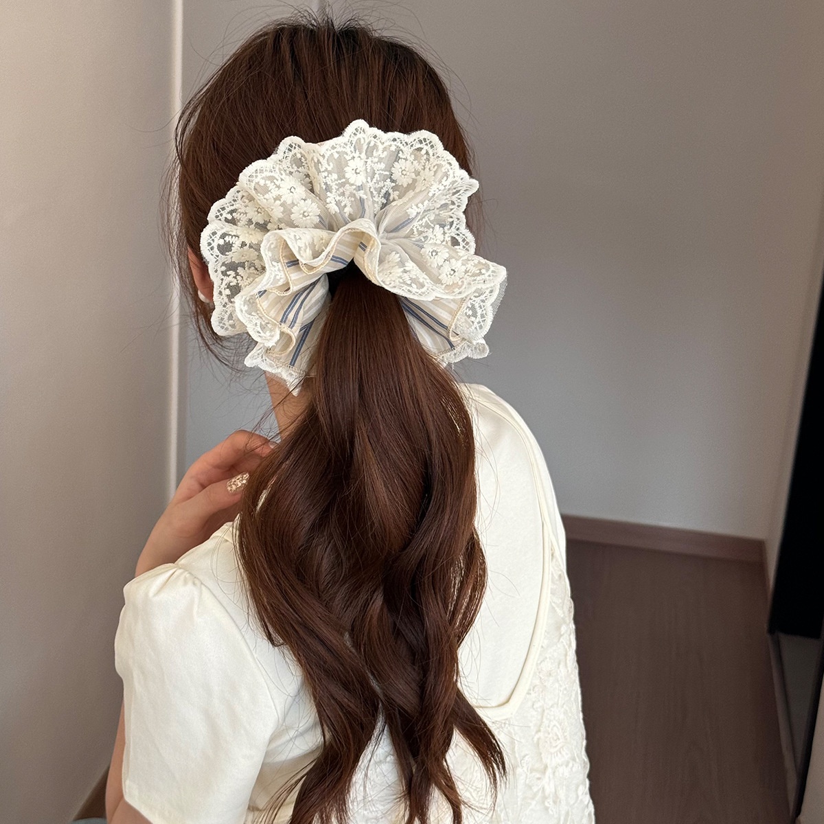 Women's Spring French Polyester Hair Tie Blue And Beige Striped Lace