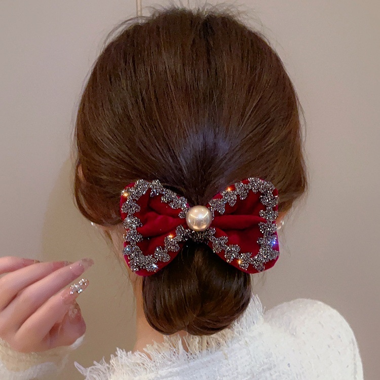 Women's Winter Velvet Rhinestone Elastic Hair Tie Bowknot Wine Red Black