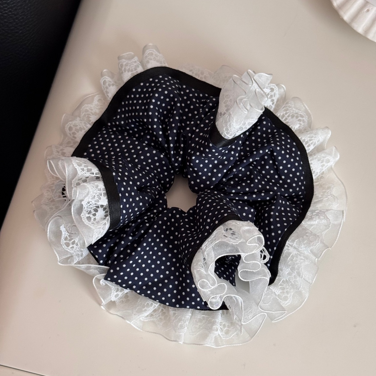 Women's Daily French Style Soft Cloth Hair Tie Navy Blue Polka Dots
