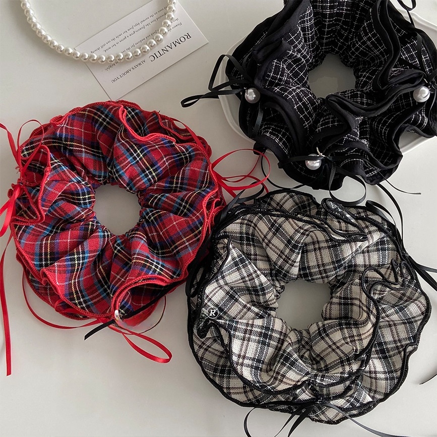 Women's Preppy Cloth Bowknot Scrunchie Hair Tie Vintage Red White Plaid