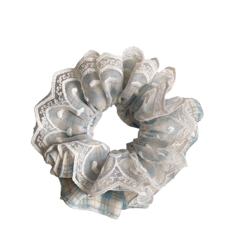 Women's Boho Summer Mesh Lace Bow Elastic Hair Tie Blue Heart Pattern