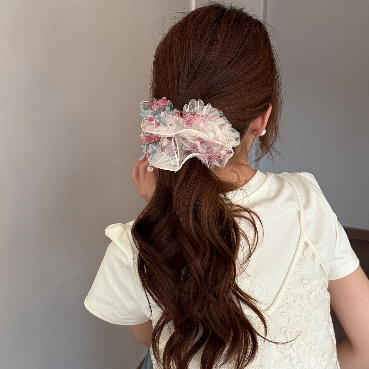 Women's Spring Gauze Bubble Braid Hair Tie Pink Ditsy Floral