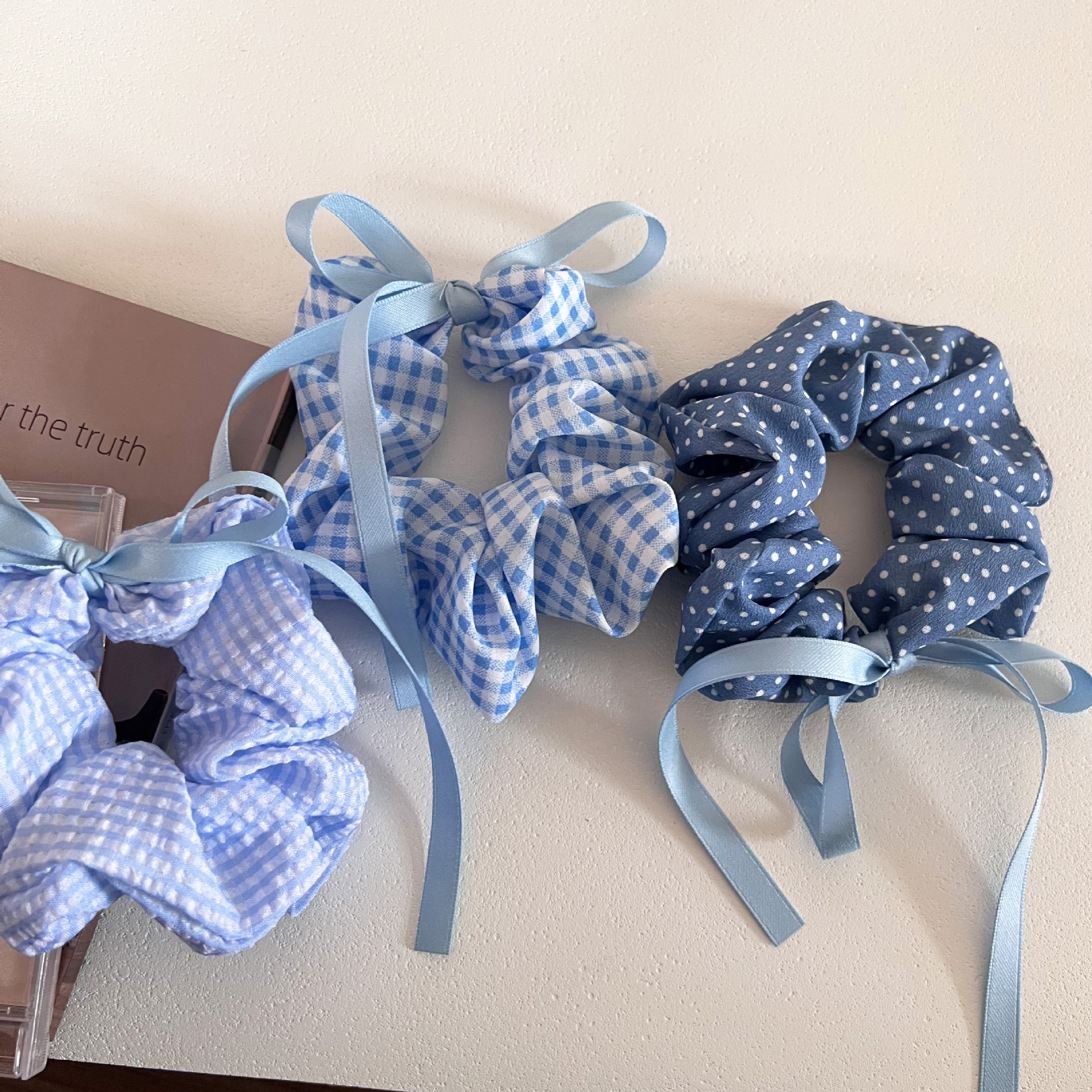 Women's Large Cloth Bow Scrunchie For Hair Buns Blue Plaid Polka Dot