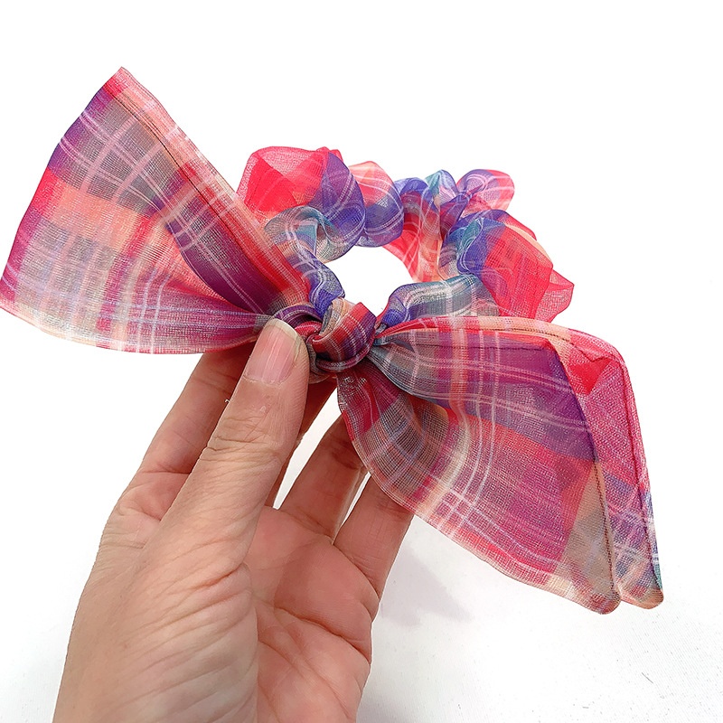 Women's Summer Organza Bowknot Hair Tie Scrunchie Rainbow Plaid