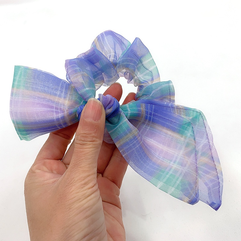 Women's Summer Organza Bowknot Hair Tie Scrunchie Rainbow Plaid